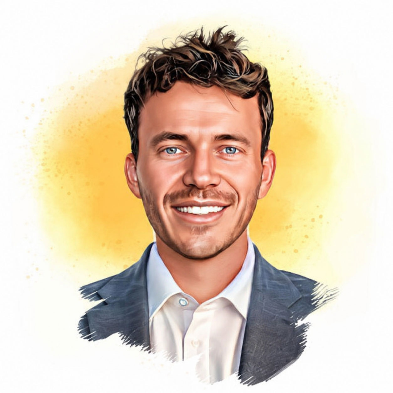 Illustrated portrait of a smiling man in a blue suit with a yellow watercolor background (head and shoulders).