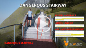 Warning graphic highlighting a dangerous stairway with missing handrails, uneven landing, and nonuniform riser heights beside a person on steps.