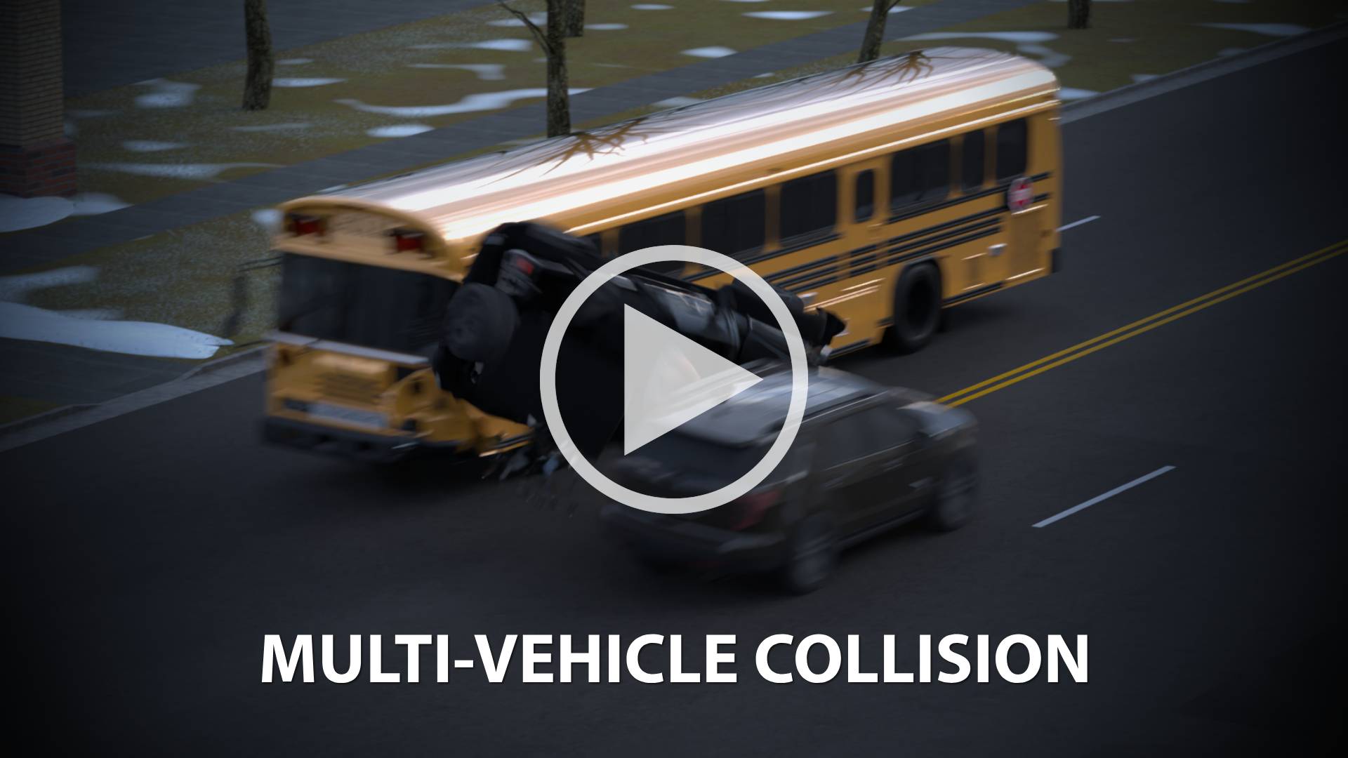Bus and car crash on a road in a multi-vehicle collision; overlay text reads MULTI-VEHICLE COLLISION.