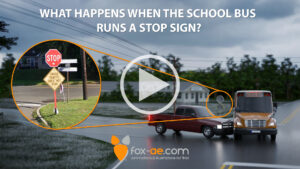 Video thumbnail: school bus on a road with orange outlines highlighting a stop sign and a crossing-traffic sign, accompanying the title about running a stop sign.